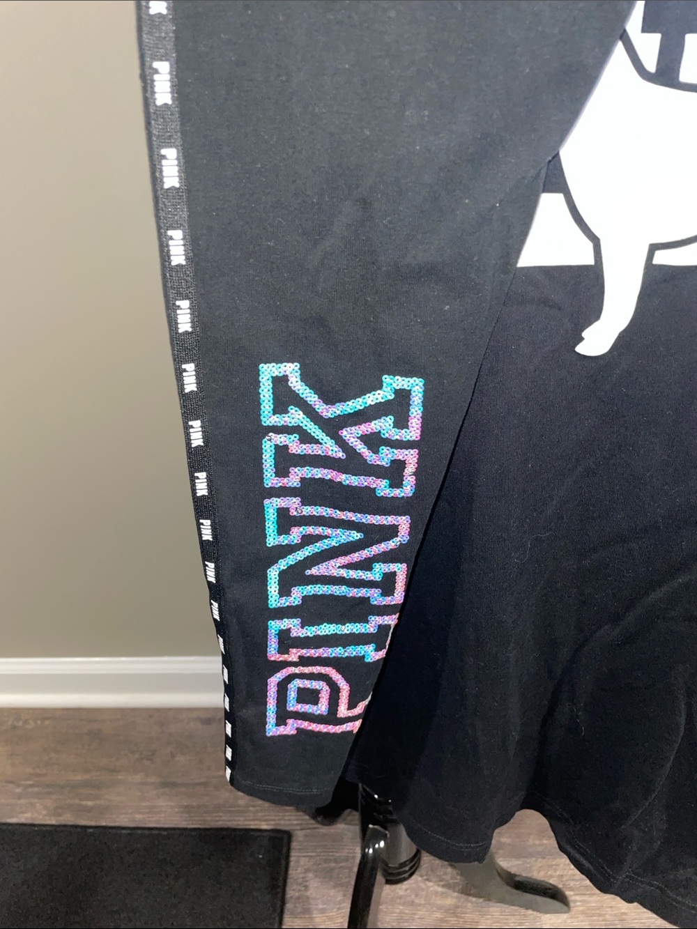SET! PINK Victoria's Secret Black Graphic Tee with Iridescent Sequin yoga pants - Picture 7 of 8